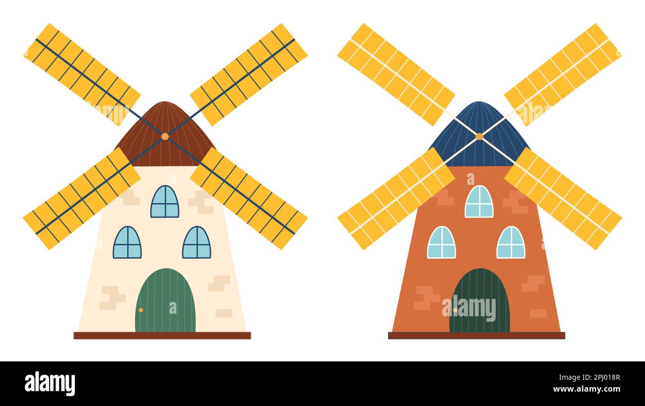Mit Windmühlen auf weißem Hintergrund im Cartoon-Stil. Handgezeichnete Symbole von Farmmühlen Stock Vektor