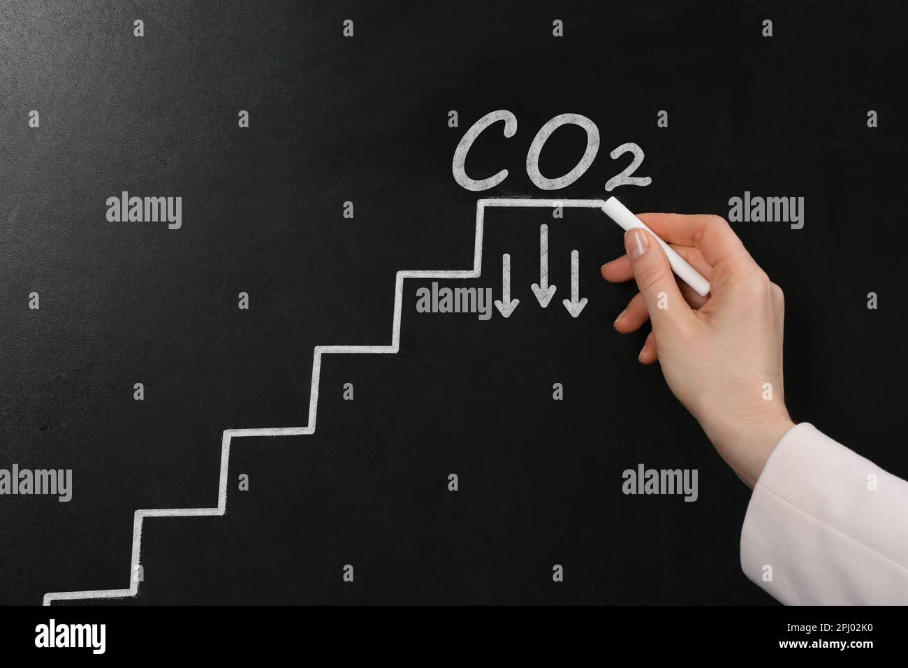 Reduzierung der Kohlenstoffemissionen. Frau, die Treppen und chemische Formel CO2 an der Tafel zeichnet Stockfoto