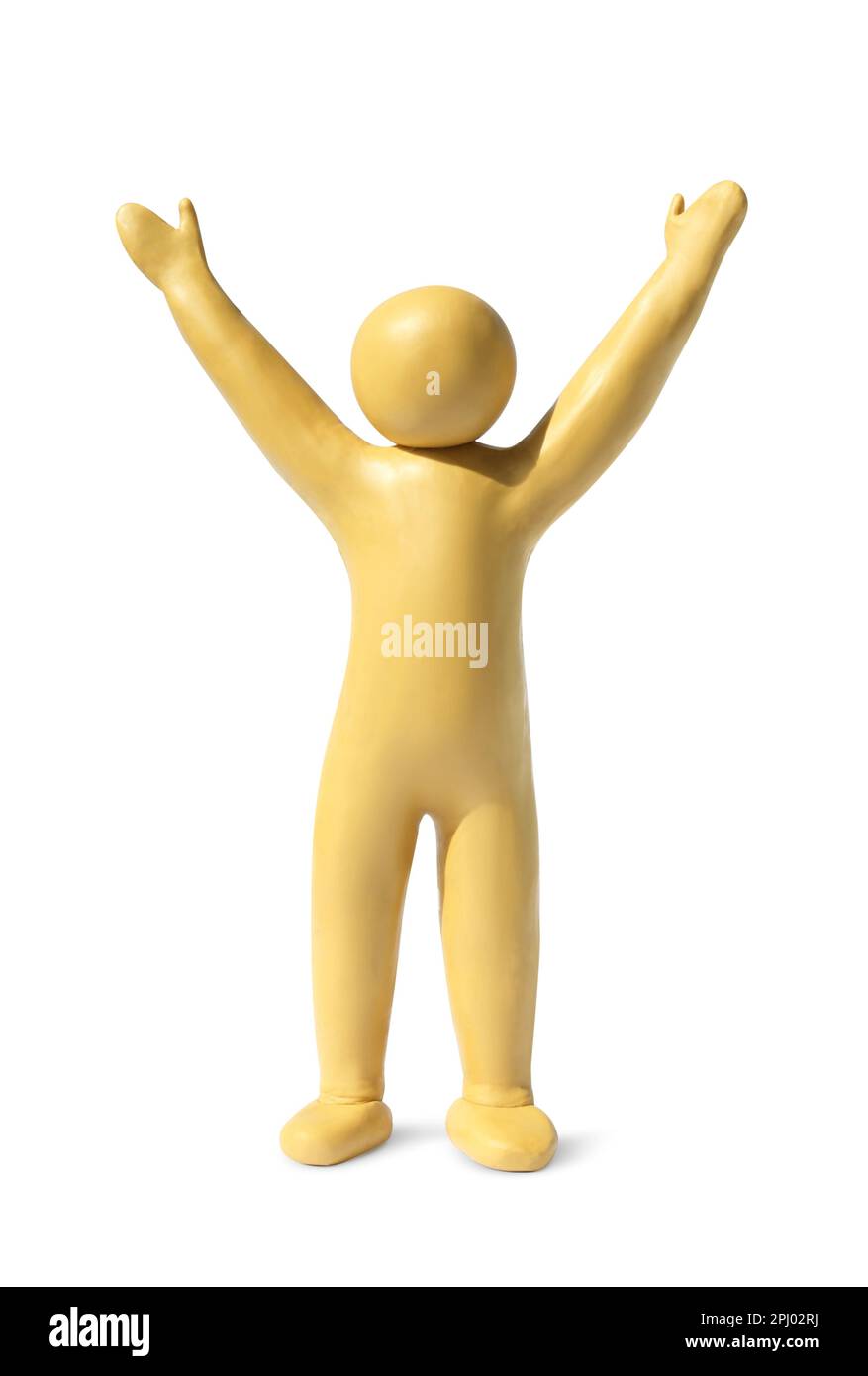 Menschliche Figur mit weit geöffneten Armen aus gelbem Plastikin, isoliert auf weiß Stockfoto