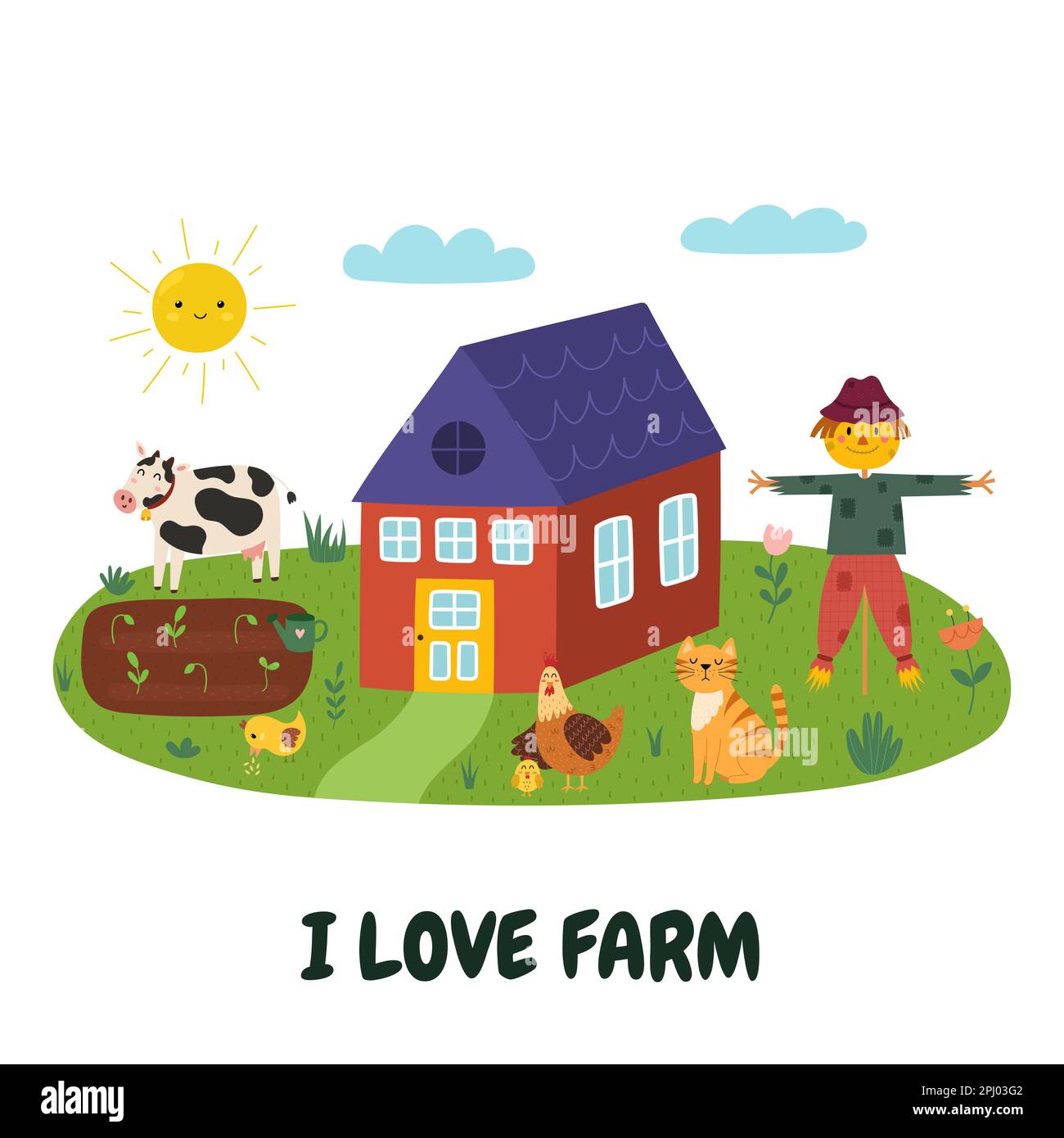Ich liebe Farm-Aufdruck mit einer süßen Vogelscheuche, Kuh, Henne, Katze und Bauernhaus Stock Vektor