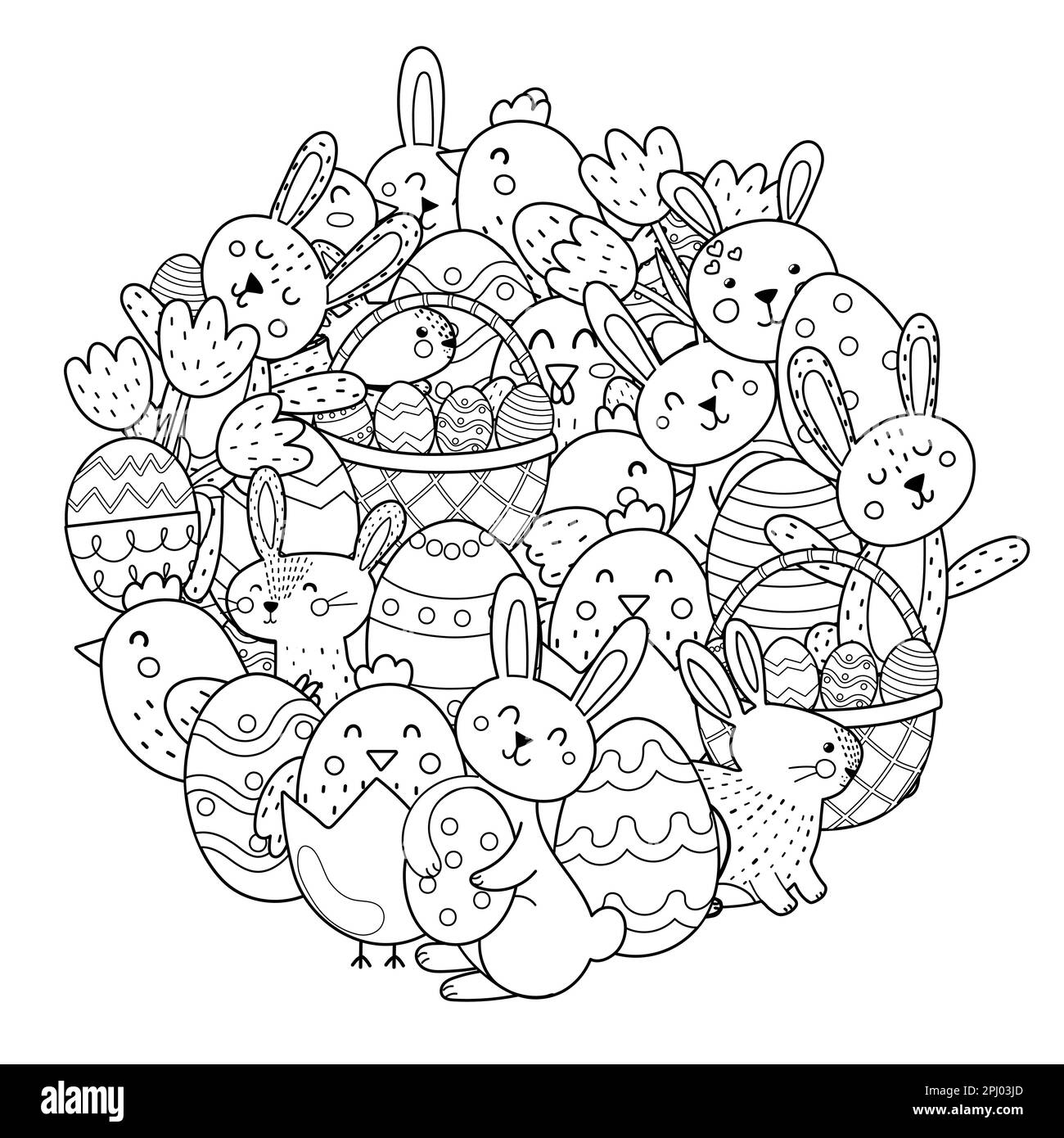 Süße Osterhasen und -Küken, kreisförmige Ausmalseite. Doodle Mandala mit Osterfiguren Stock Vektor