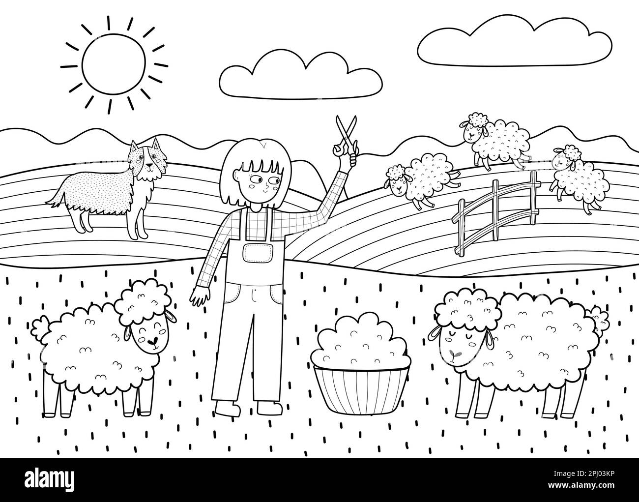 Auf dem Bauernposter mit süßen Tieren in Schwarz und Weiß. Mädchen, die Schafe scheren und Wolle herstellen Stock Vektor