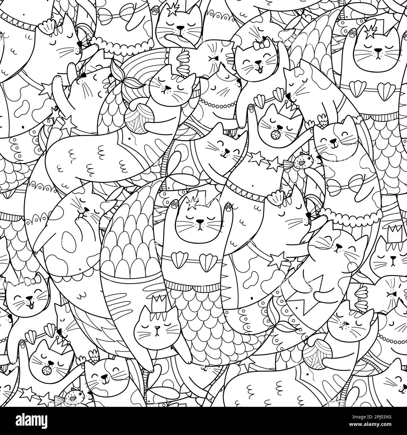 Doodle Mermaid Cats in Schwarz und Weiß, nahtloses Muster. Ausmalseite Stock Vektor
