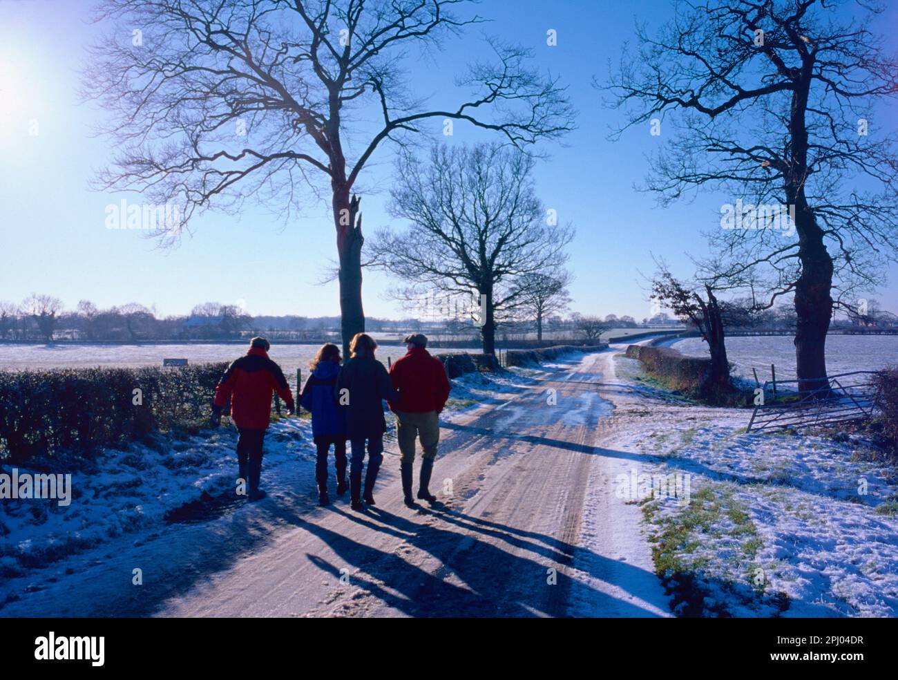 Eine Gruppe von vier Personen macht einen Winterspaziergang, Großbritannien Stockfoto
