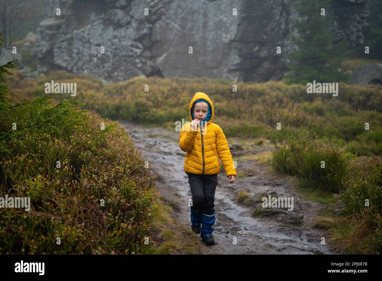 Das Kind geht auf einen Bergpfad und isst ein Sandwich bei kühlem Herbstwetter. Polnische Berge Stockfoto