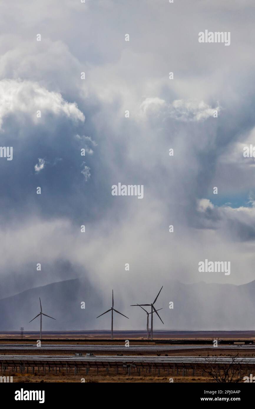 Nutt, New Mexico, Ein Regensturm auf der Macho Springs Windfarm Stockfoto