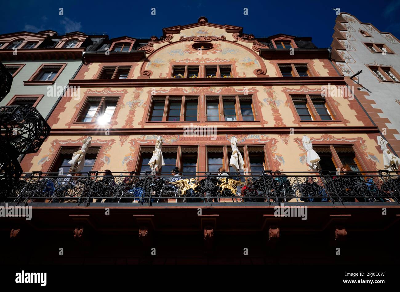 Café, Fassade Haus zum Boderam, Marktplatz, Mainz, Rheinland-Pfalz, Deutschland Stockfoto