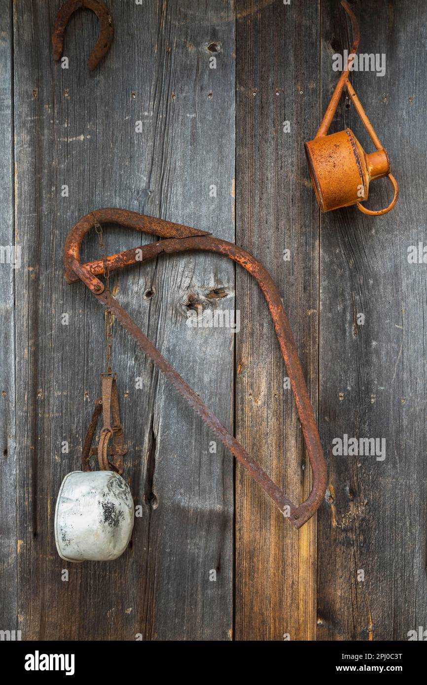 Antike Handsäge, Ölkanne, TiN-Topf an der Seitenwand des Lagerschuppschupps aus Holzbohlen, Quebec, Kanada Stockfoto