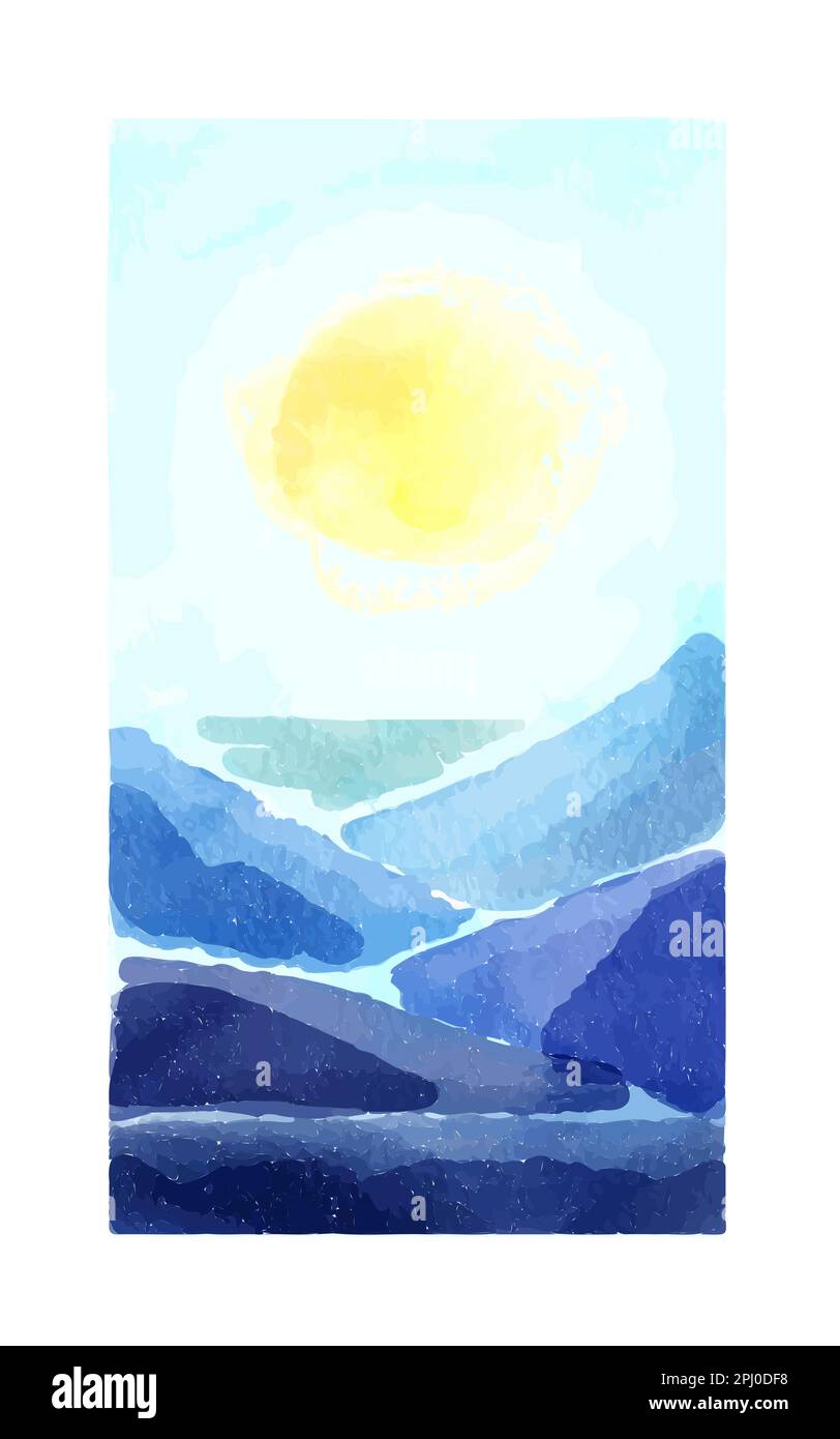 Aquarelle Landschaft, Blick auf die blauen Berge, Sonne Stock Vektor