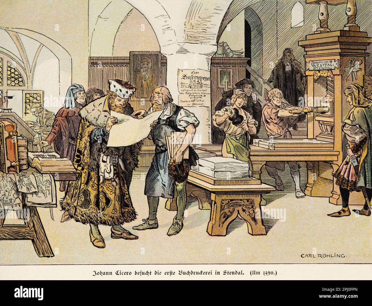 Johann Cicero, Besuch der ersten Druckerpresse in Stendal um 1490, Geschichte der Hohenzollerns, historische Illustration 1899 Stockfoto