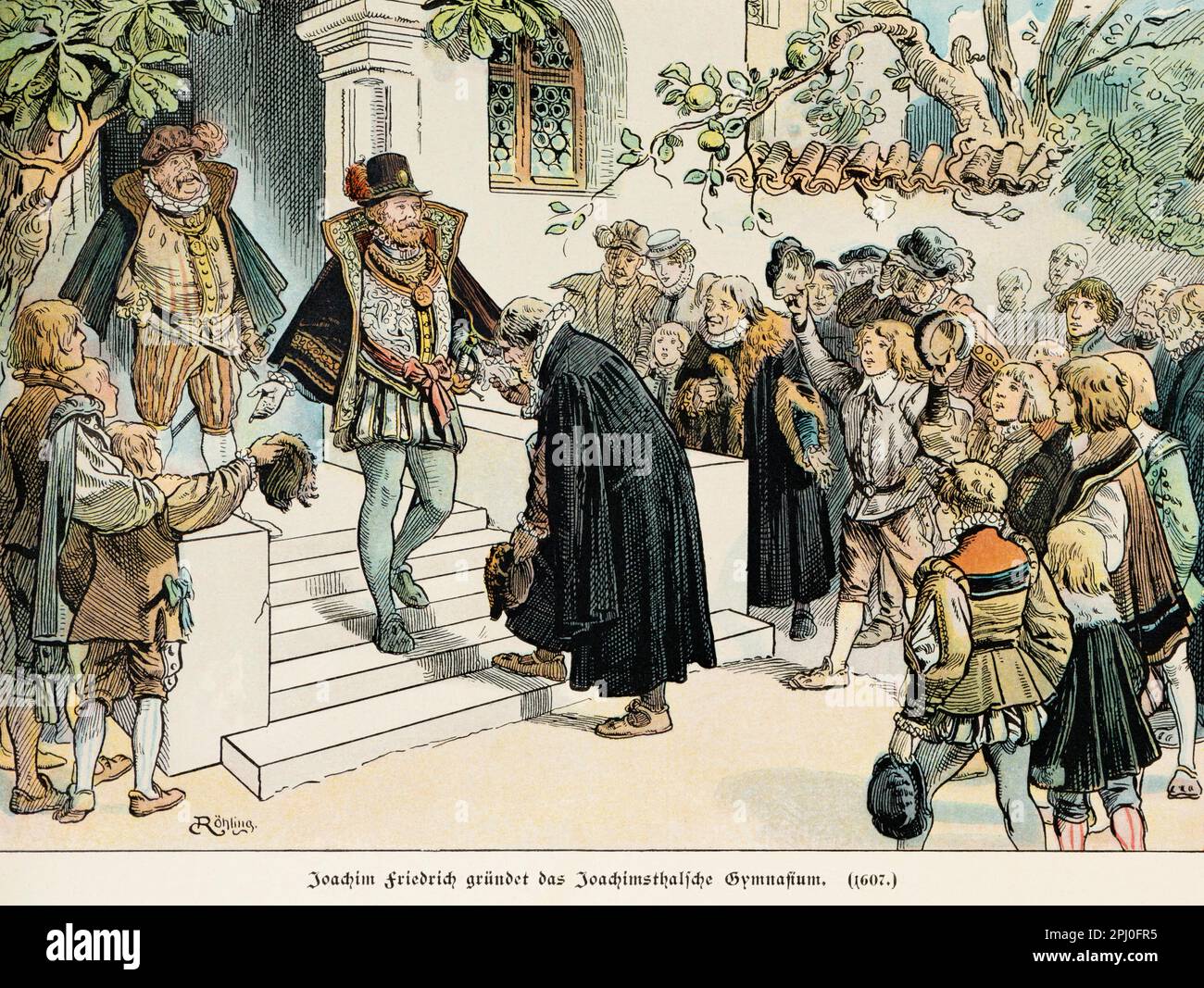 Joachim Friedrich gründet die Joachimsthal Grammarschule im Jahr 1607, Geschichte der Hohenzollerns, historische Illustration 1899 Stockfoto