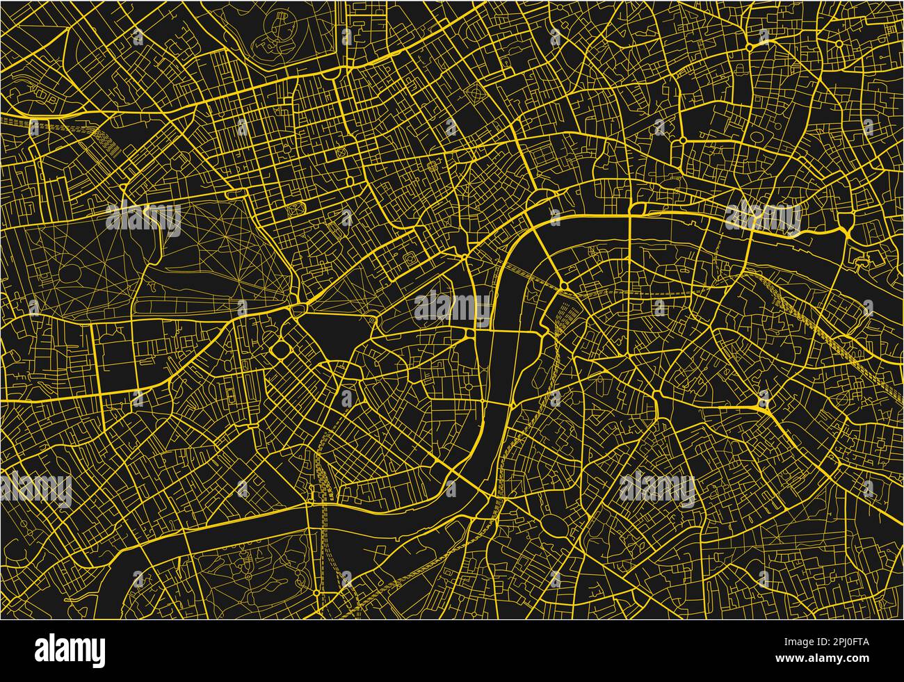Schwarzer und gelber Stadtplan von London mit gut organisierten getrennten Schichten. Stock Vektor