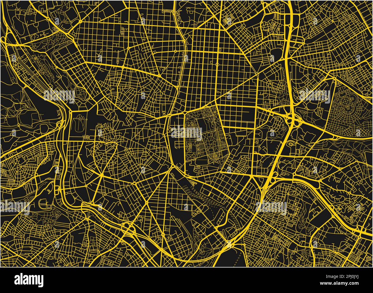 Schwarz-gelber Stadtplan von Madrid mit gut organisierten getrennten Schichten. Stock Vektor