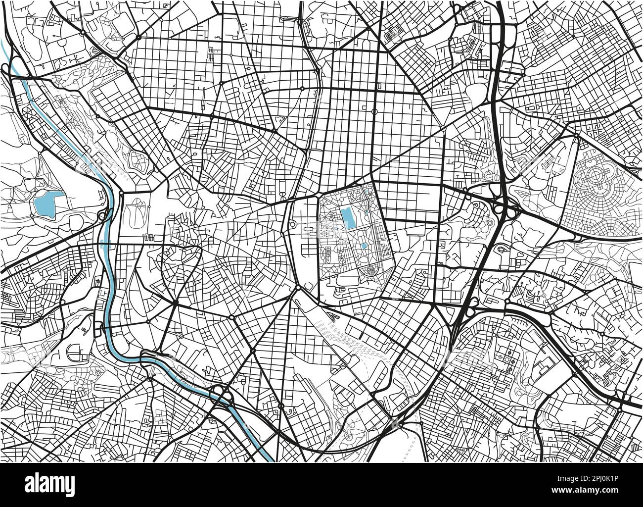 Schwarzweißer Vektor-Stadtplan von Madrid mit gut organisierten getrennten Schichten. Stock Vektor