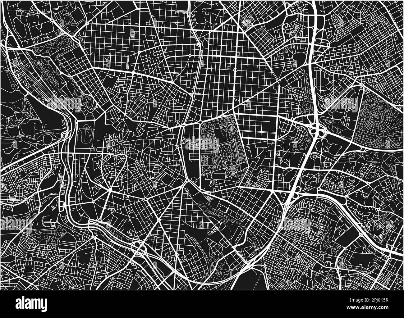 Schwarzweißer Vektor-Stadtplan von Madrid mit gut organisierten getrennten Schichten. Stock Vektor