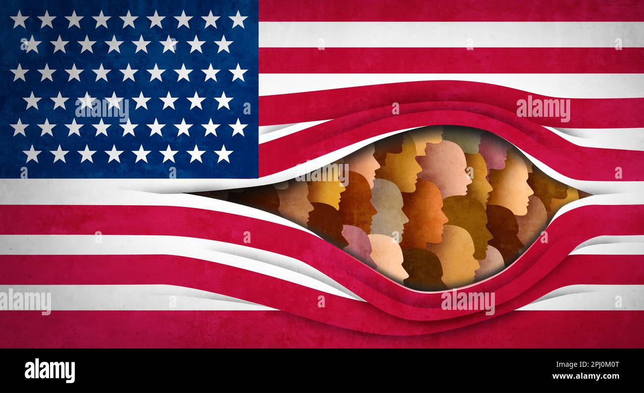 American Diversity und US Immigration oder US-Bevölkerung als US-Staatsbürgerschaft oder Gemeinschaftskonzept als Flagge mit multikulturellen Menschen Stockfoto