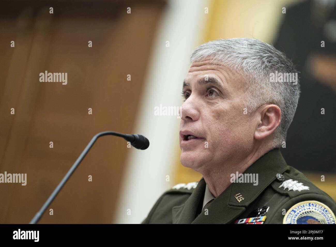 Washington, Usa. 30. März 2023. Kommandant der USA General Paul Nakasone spricht während einer Anhörung des Unterausschusses von House Armed Services zum Thema Cyber, Informationstechnologien und Innovation in den USA Capitol in Washington, DC, am Donnerstag, den 30. März 2023. Foto: Bonnie Cash/UPI Credit: UPI/Alamy Live News Stockfoto