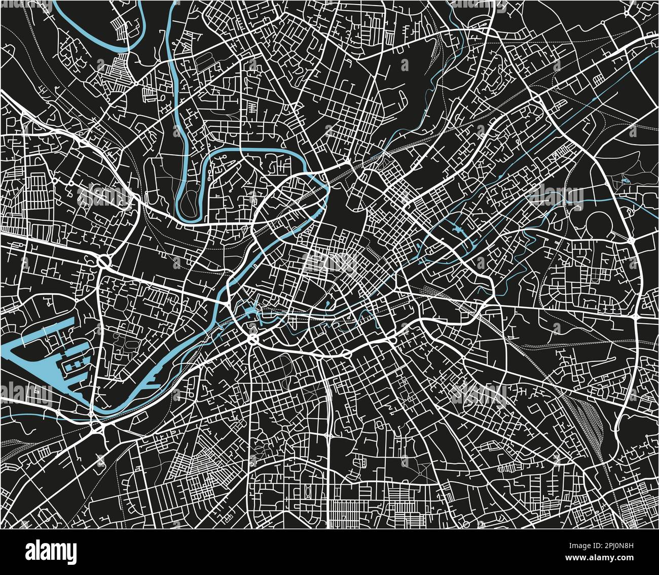 Schwarzweißer Vektor-Stadtplan von Manchester mit gut organisierten getrennten Schichten. Stock Vektor