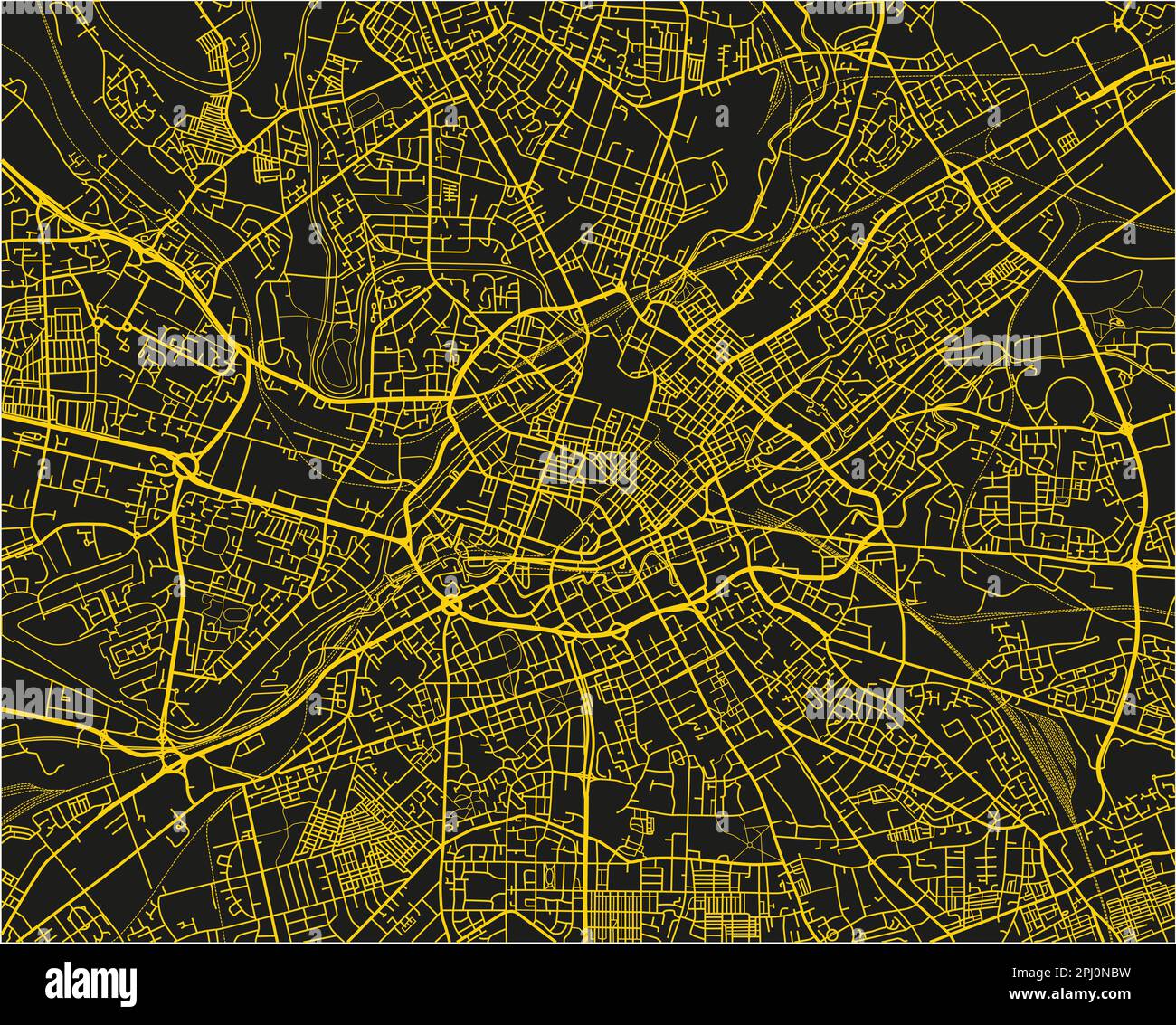 Schwarz-gelber Stadtplan von Manchester mit gut organisierten getrennten Schichten. Stock Vektor