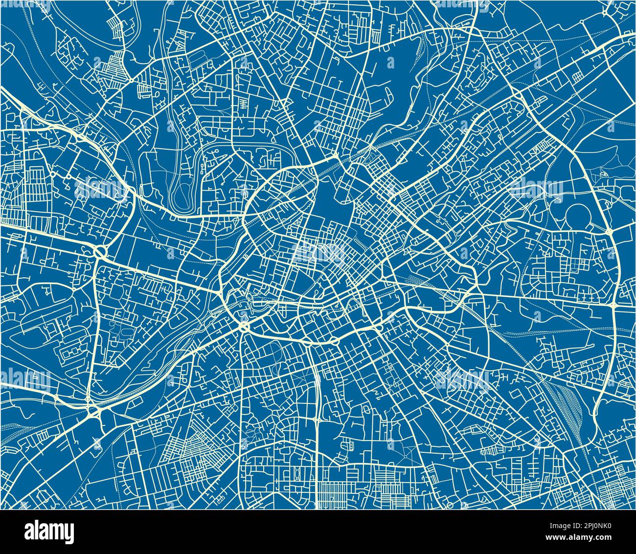 Blau-weißer Vektor-Stadtplan von Manchester mit gut organisierten getrennten Schichten. Stock Vektor