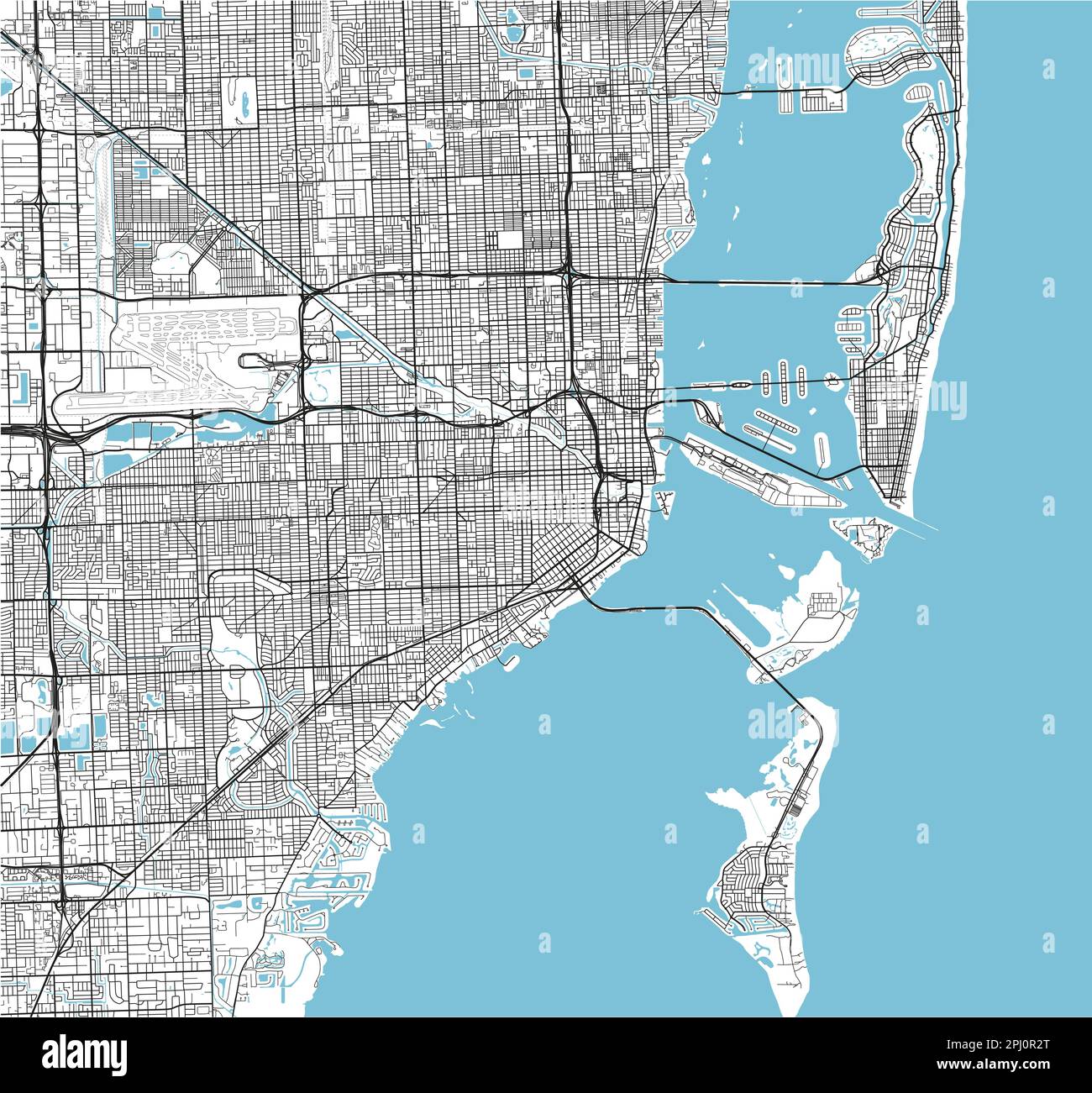 Schwarzweißer Vektor-Stadtplan von Miami mit gut organisierten getrennten Schichten. Stock Vektor