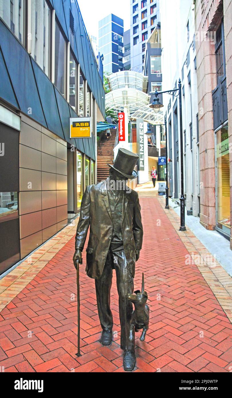 Plimmer & seinen Hund Statue, die Plimmer Steps, Lambton Quay, Wellington, Region Wellington, Nordinsel, Neuseeland Stockfoto