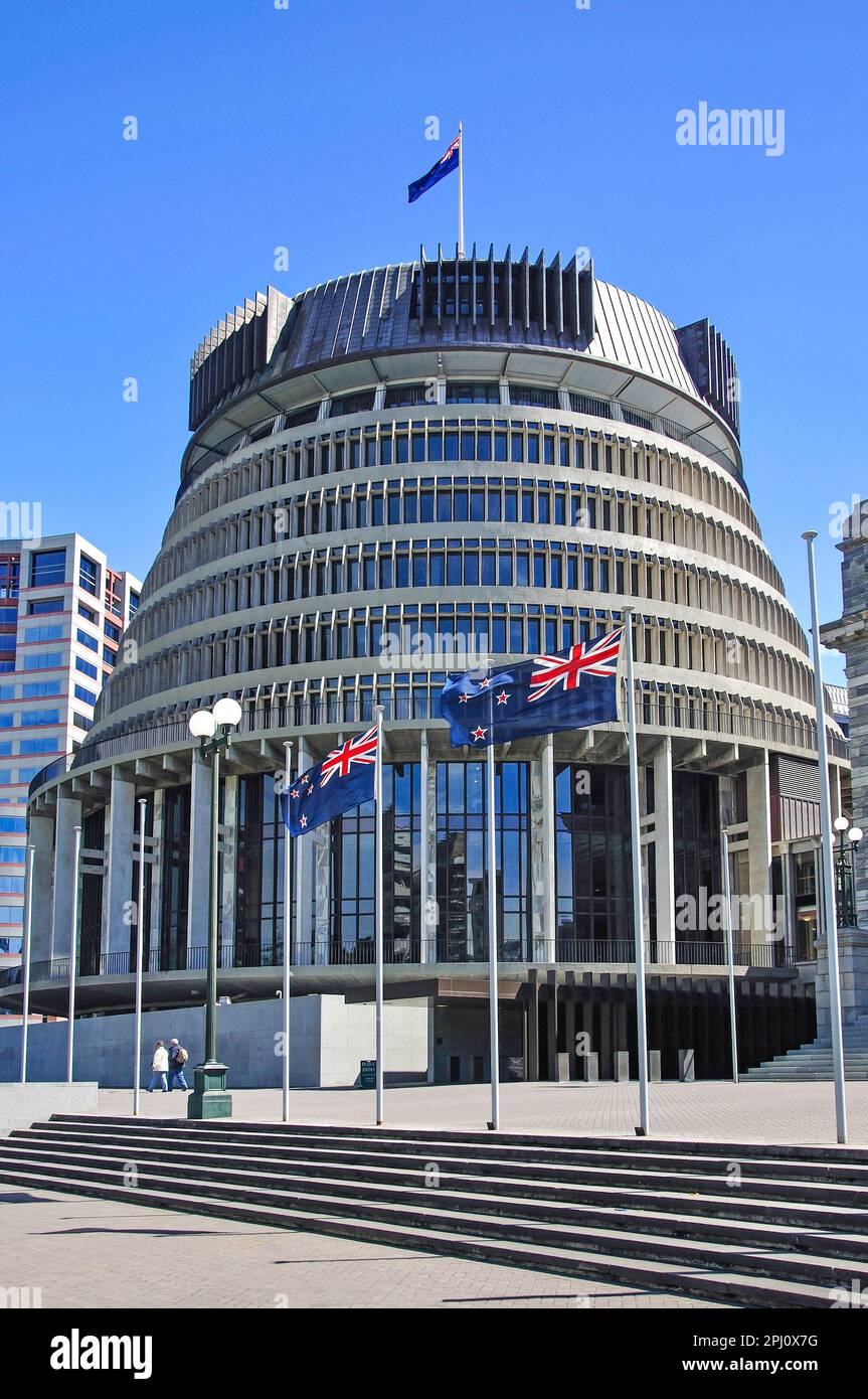 Neuseeland Regierung "Beehive" und Parlamentsgebäude. Region Lambton Quay, Wellington, Wellington, Nordinsel, Neuseeland Stockfoto