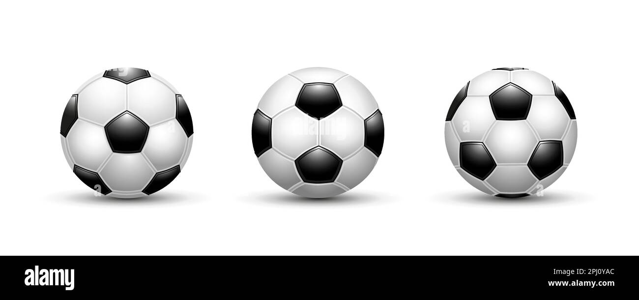 Fußballbälle auf weißem Hintergrund. Darstellung der Sportausrüstung. Texturierte Nahaufnahme von Sportbällen. Stock Vektor