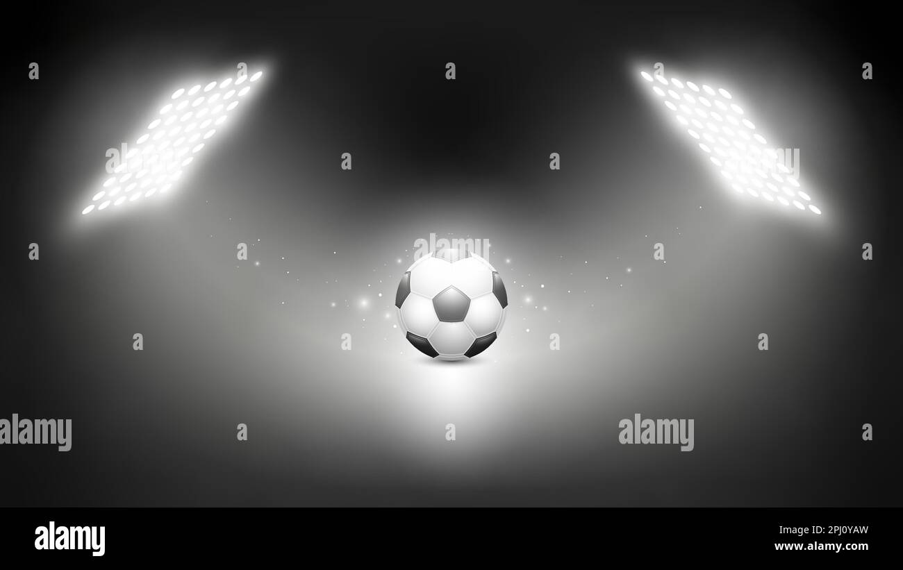 Fußball im Strahlfeld des Ray Stadions. Eine Illustration der Fußballmeisterschaft. Sportball mit hellem Hintergrund. Stock Vektor