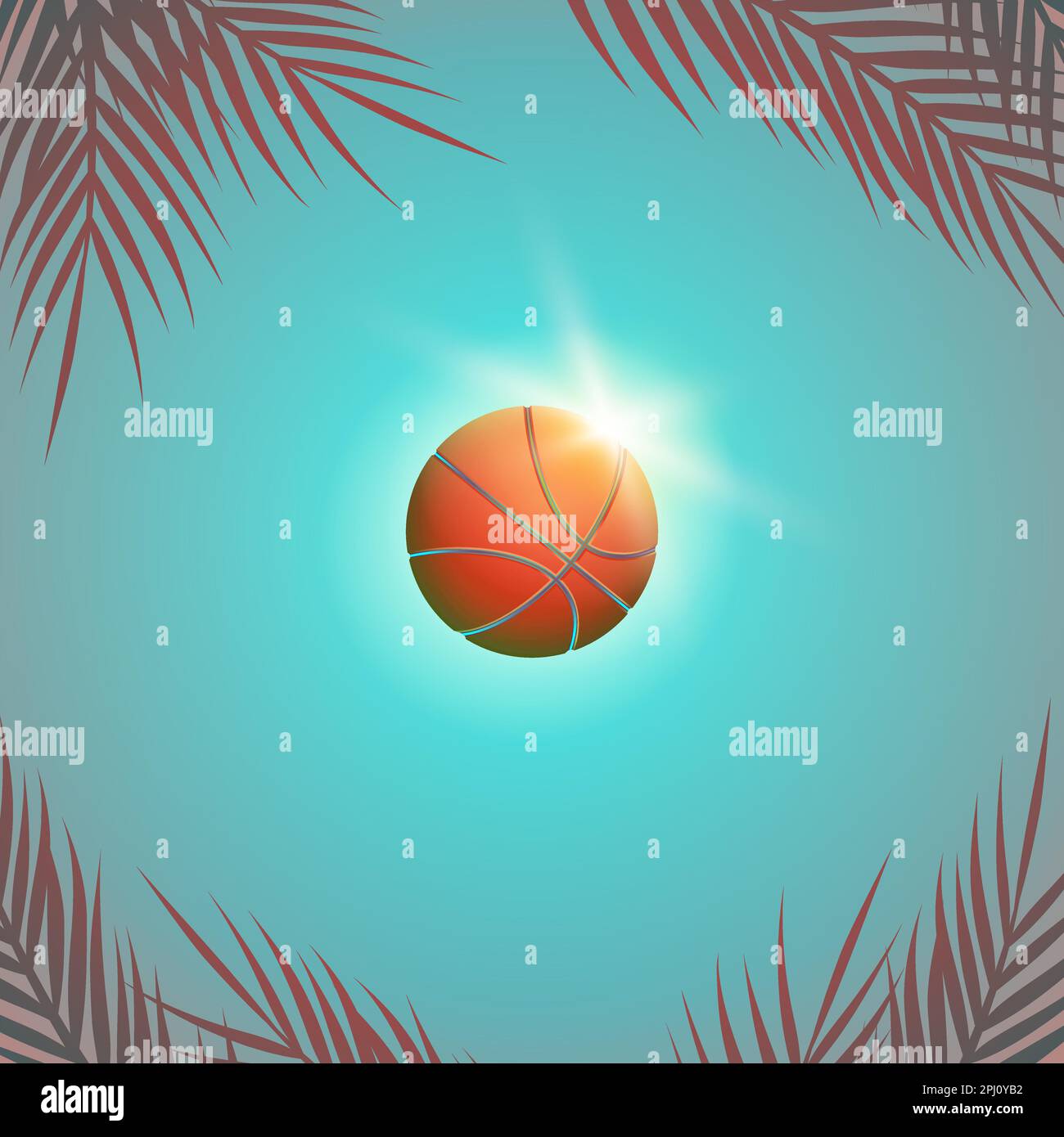 Basketballball in der Luft bei Sonne und blauem Himmel. Helle Illustration eines Basketballspiels im Sommer mit Sonnenstrahlen und Palmenzweigen. Stock Vektor