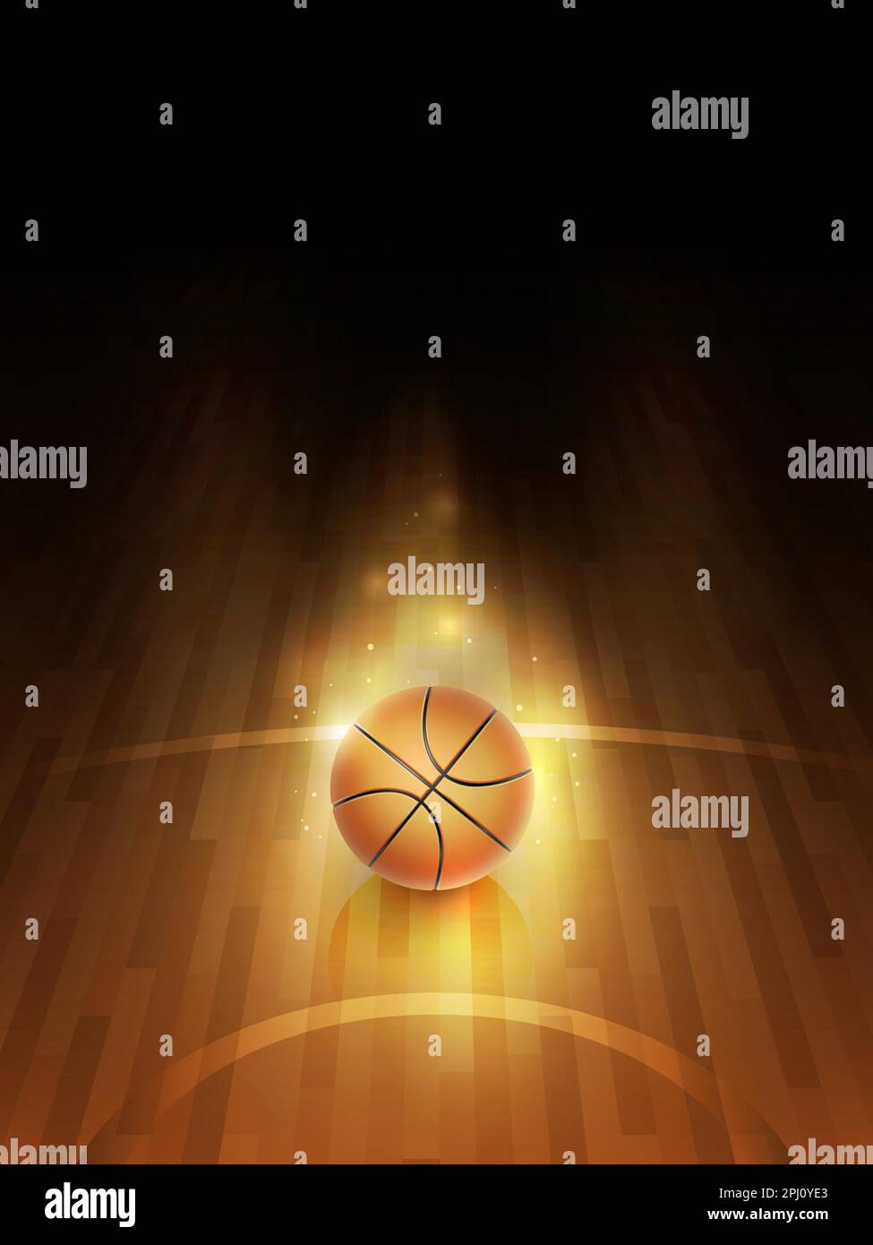 Basketballball auf dem hellen Parkett. Darstellung der Sportausrüstung. Einzelne orangefarbene Kugel im hellen Punkt und im dunklen Hintergrund. Stock Vektor