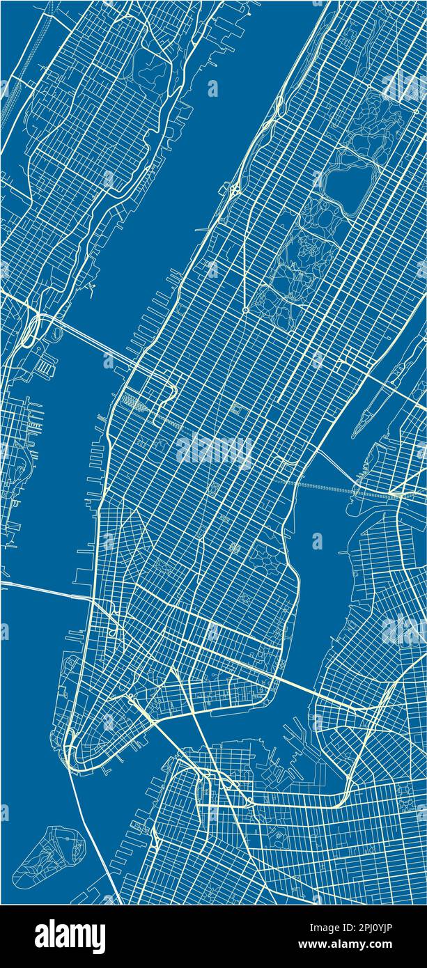 Blauer und weißer Vektor-Stadtplan von New York mit gut organisierten getrennten Schichten. Stock Vektor