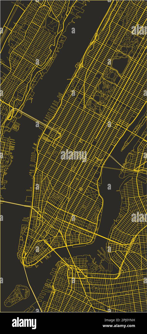 Schwarz-gelber Vektorplan von New York mit gut organisierten getrennten Schichten. Stock Vektor