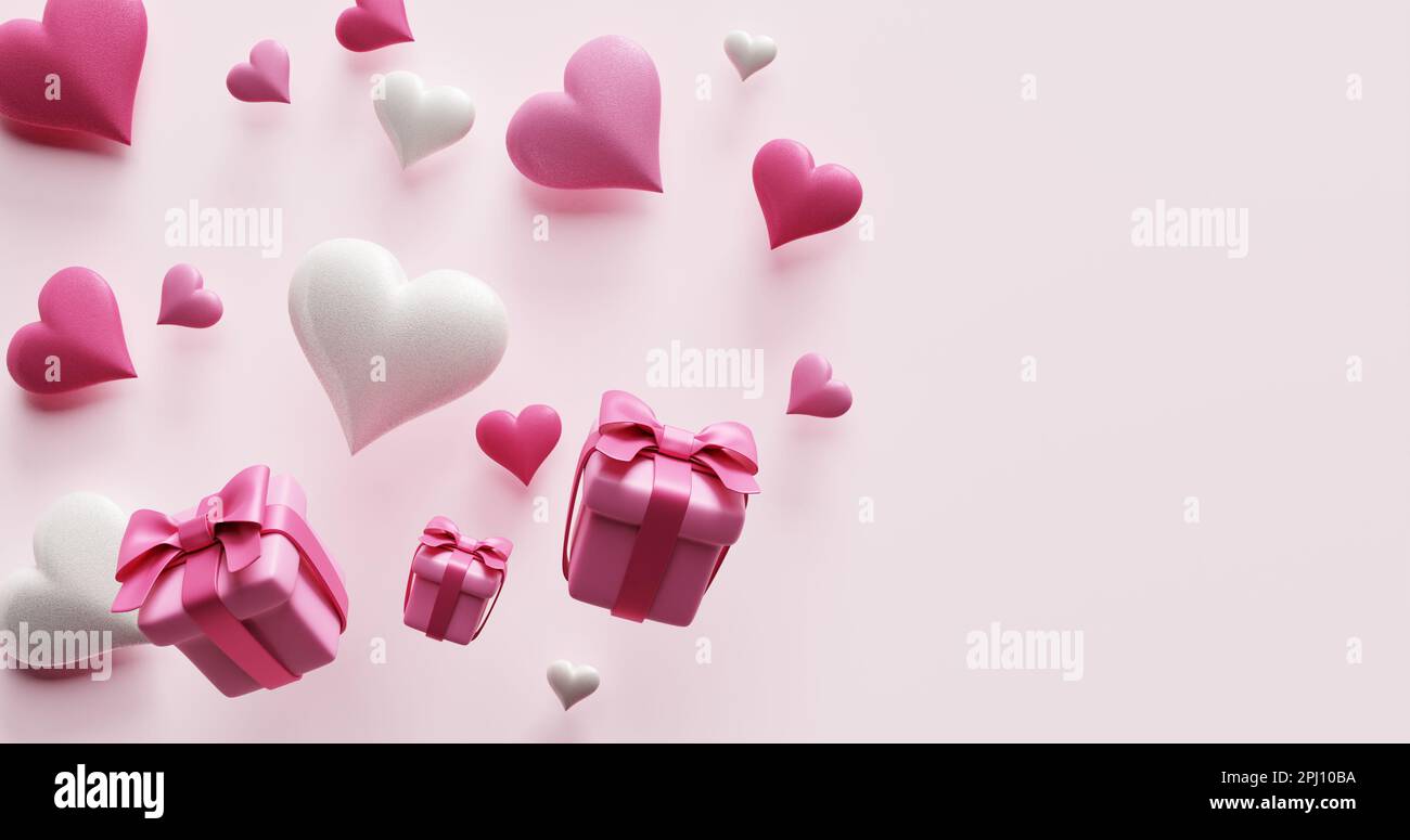 Muttertagsfeier, valentinstag. Geschenkschachteln, Herzen. 3D-Rendering Stockfoto
