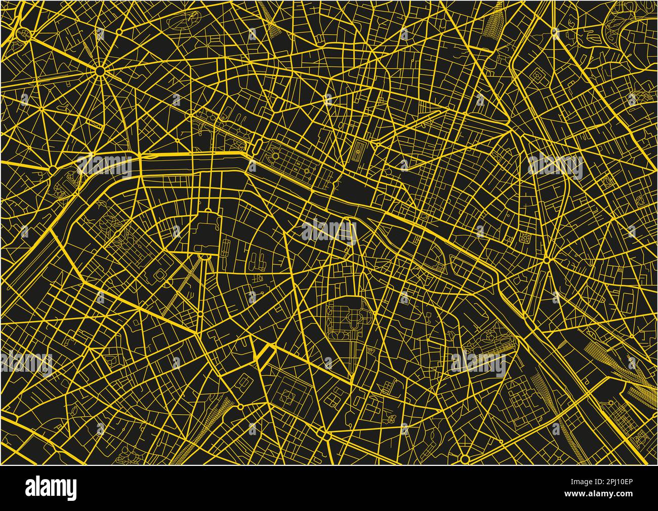 Schwarz-gelber Stadtplan von Paris mit gut organisierten getrennten Schichten. Stock Vektor
