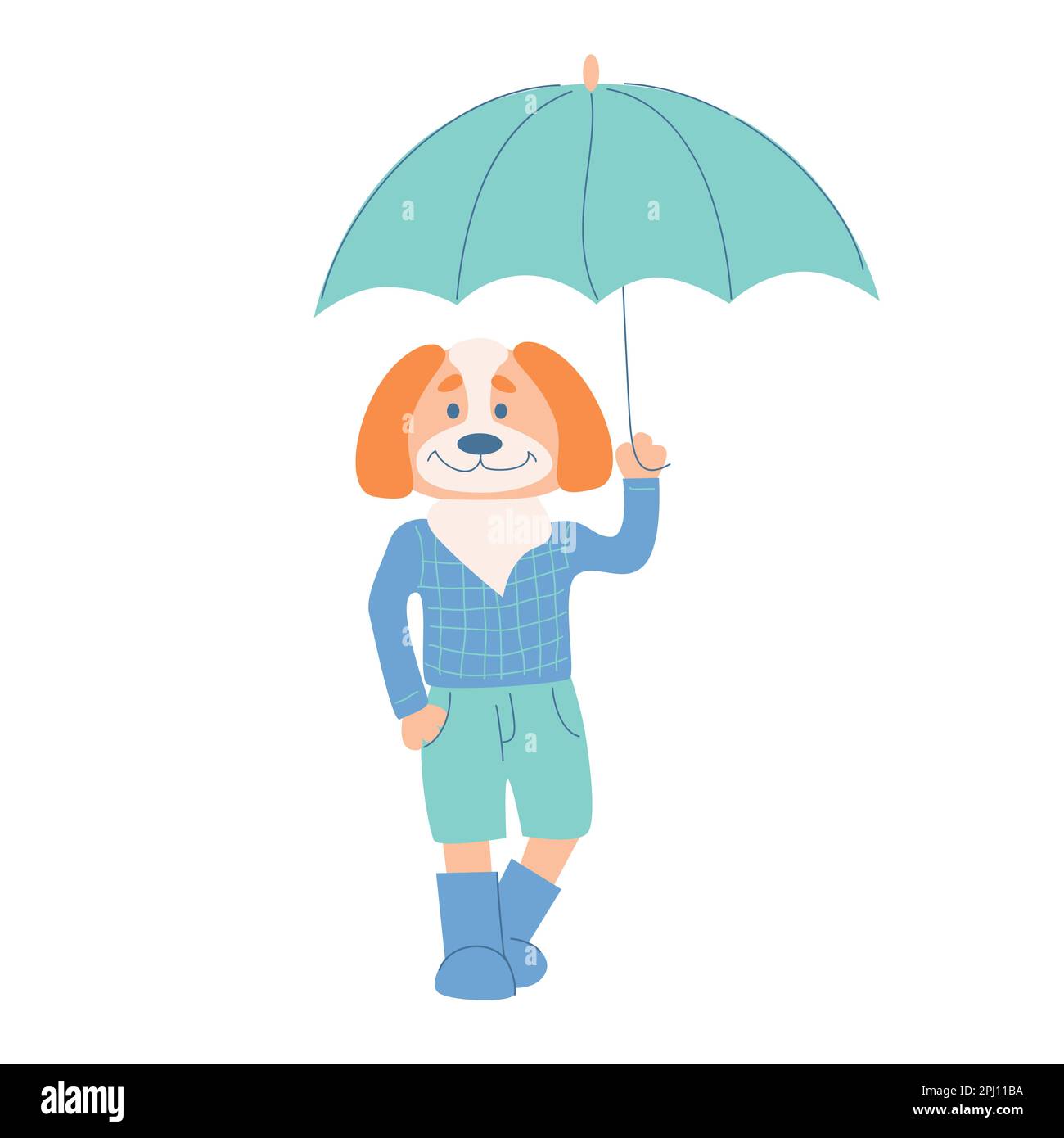 Süßer, positiver Hund in Stoff, der mit Schirm steht. Lustiger Hund in Gummi. Der anthropomorphe Tiercharakter. Monsunkartendesign für Regenwetter. Vektordarstellung. Stock Vektor