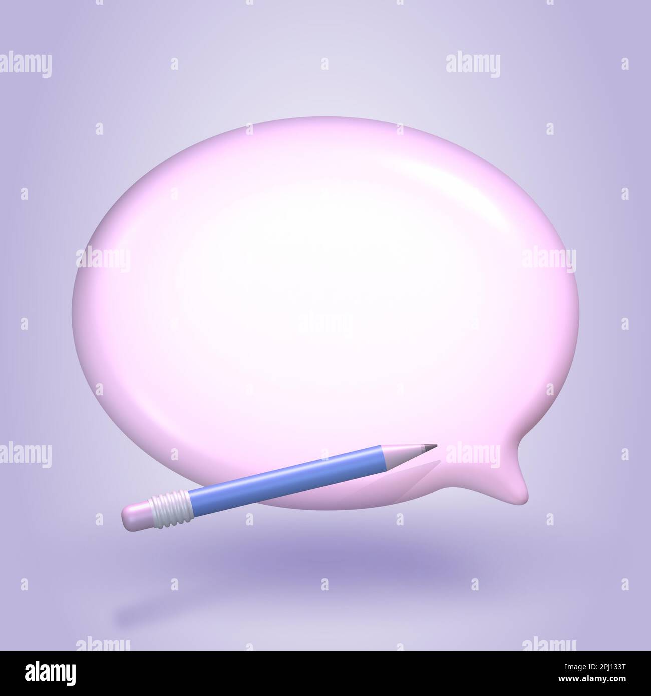 Rosafarbene Sprechblase auf pastellfarbenem lila Pastellhintergrund. 3D-Rendern. Ovales Symbol – Chat mit Bleistift. Stockfoto