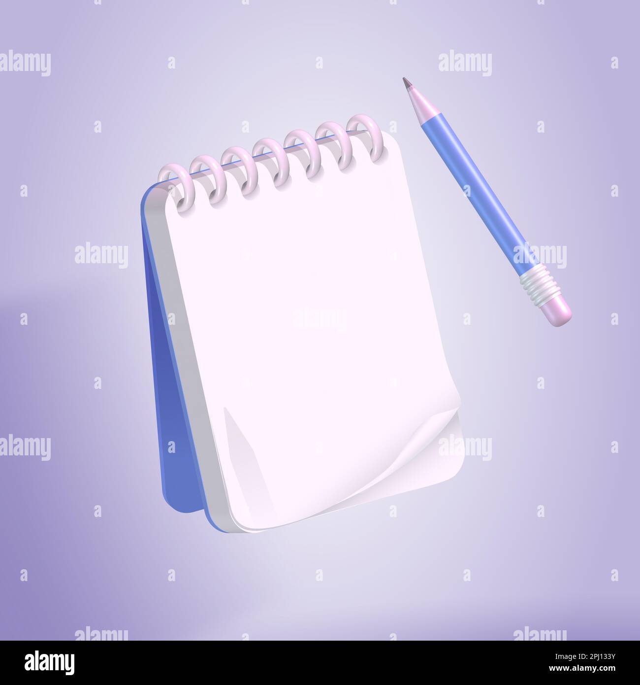 Blaues Notizbuch und Bleistift auf pastellfarbenem lila Hintergrund. 3D-Rendern. Weiße leere Seite für Textnachricht. Stockfoto