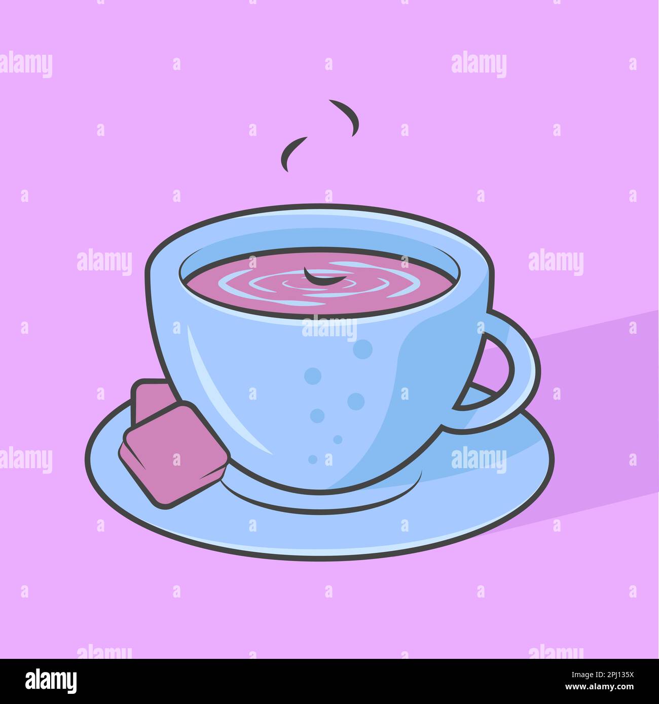 Blaue Tasse mit Tee auf Untertasse. Vektordarstellung. Tasse mit Tee und Teeblättern isoliert auf pinkfarbenem Hintergrund. Stock Vektor