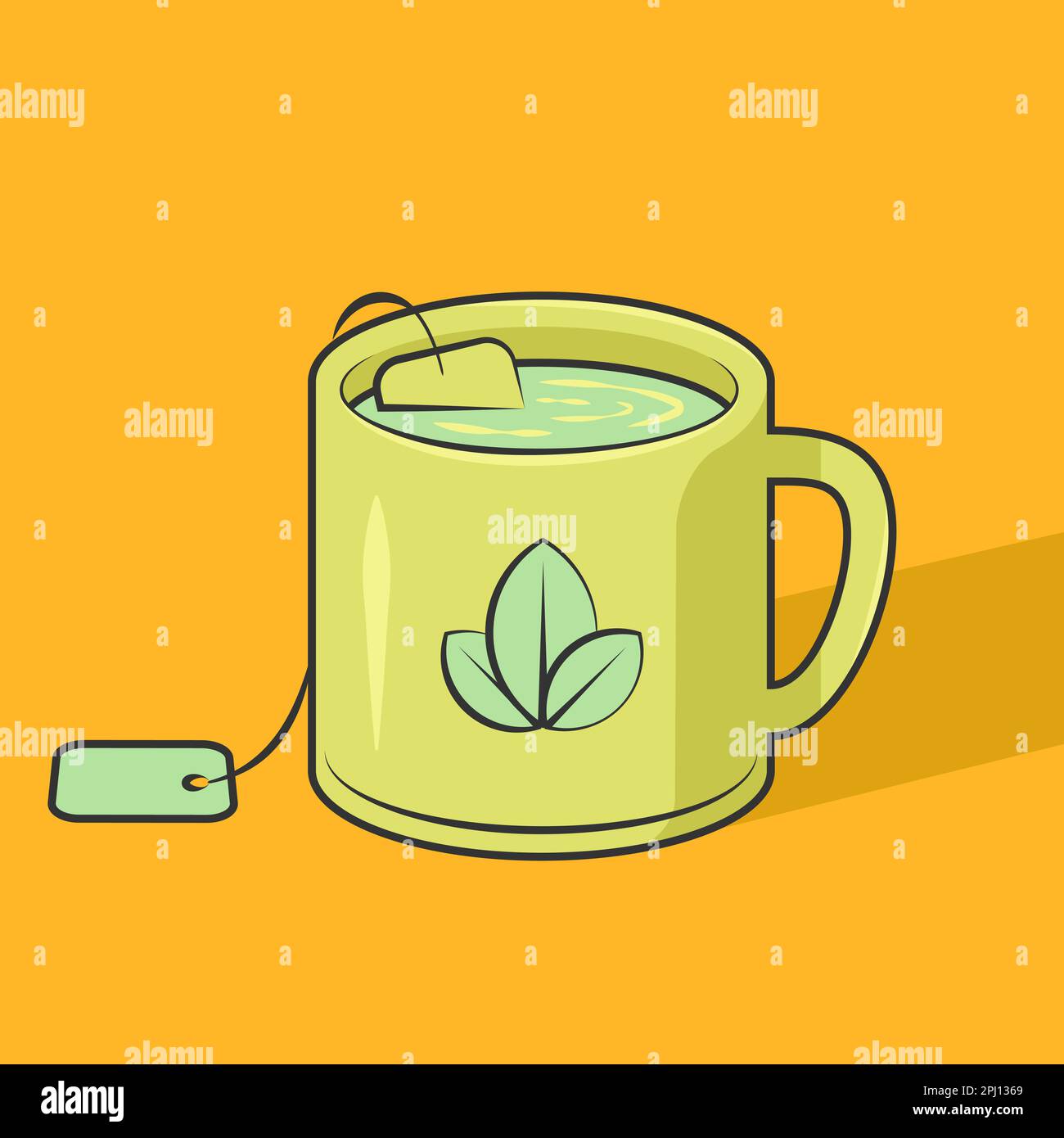 Gelbe Tasse mit Teebeutel. Vektordarstellung. Tasse mit grünem Kräutertee, isoliert auf gelbem Hintergrund. Stock Vektor
