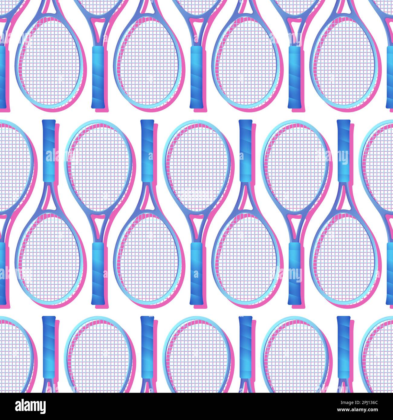 Blaue Tennisschläger mit nahtlosem Muster. Sportausrüstung. Tennisschlägermuster auf weißem Hintergrund. Vektordarstellung. Stock Vektor
