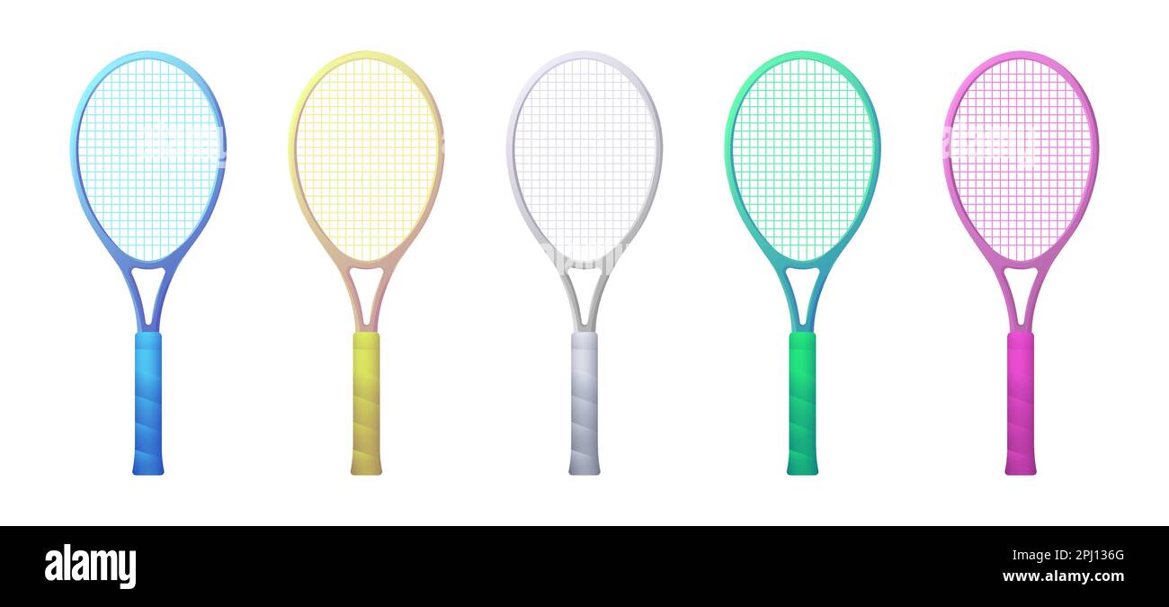 Farbenfrohes Tennisschläger-Set. Vektordarstellung. Sportausrüstung. Tennisschläger farbenfrohe Kollektion auf weißem Hintergrund. Stock Vektor