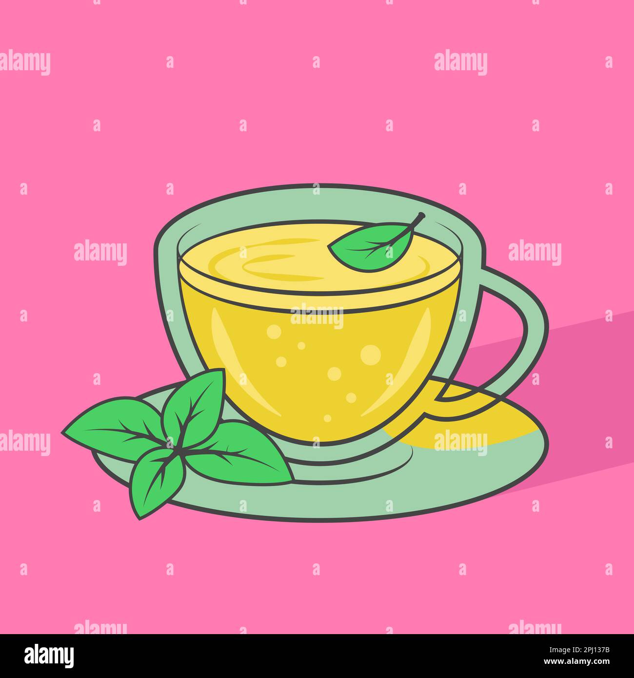Glasbecher mit Tee und Minzeblätter. Vektordarstellung. Transparenter Becher mit Kräutertee isoliert auf pinkfarbenem Hintergrund. Stock Vektor