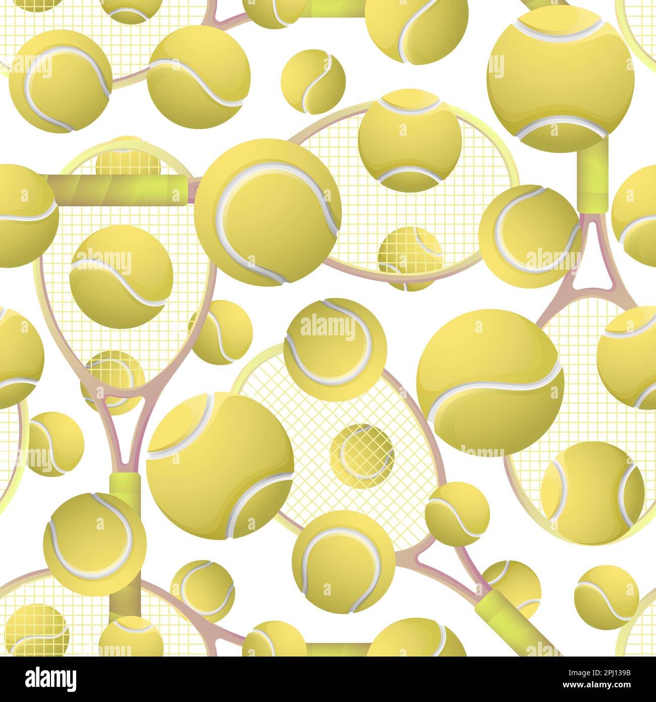Tennisgelbe Bälle und Schläger mit nahtlosem Muster. Sportausrüstung. Tennisbälle und Schlägermuster auf weißem Hintergrund. Stock Vektor
