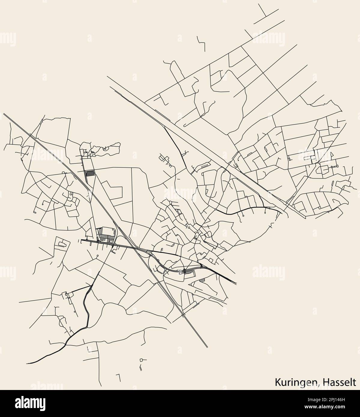 Detaillierte handgezeichnete Navigationskarte der STADT KURINGEN der belgischen Stadt HASSELT, Belgien, mit lebhaften Straßenlinien und Stock Vektor