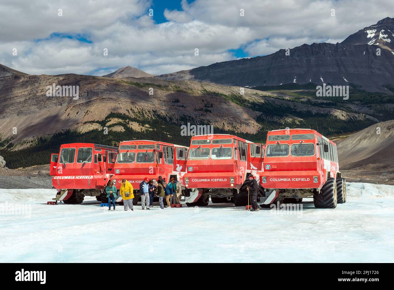 Riesige Columbia Icefield Trucks und Touristen auf dem Eis des Athabasca Gletschers, Jasper Nationalpark, Kanada. Stockfoto