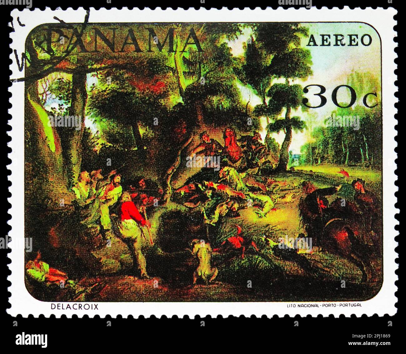 MOSKAU, RUSSLAND - 25. MÄRZ 2023: In Panama gedruckte Briefmarken zeigen die Jagd, Delacroix, Tiergemälde der berühmten Künstlerserie, ca. 1967 Stockfoto
