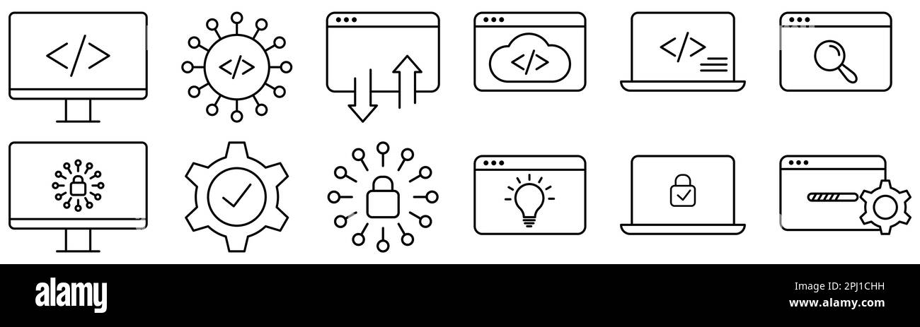 Symbole der Software-Entwicklungslinie. Design kann für Web- und mobile Apps verwendet werden. Vektordarstellung isoliert auf weißem Hintergrund Stock Vektor