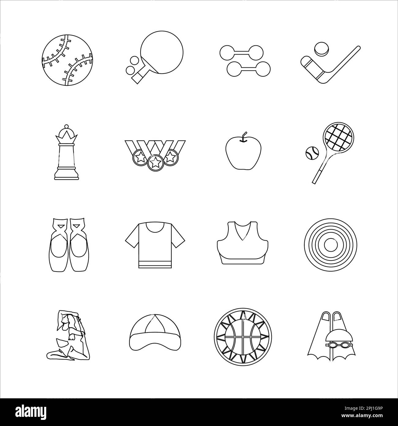 Kollektion von Ikonen mit verschiedenen Sportarten und gesundem Essen im Konturdesign Stockfoto