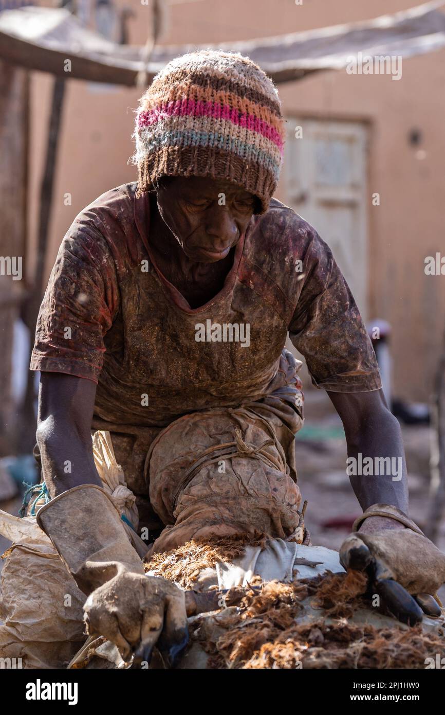 Ein Mann, der Leder in einer örtlichen Gerbstoffindustrie in Kano bräunt. Die örtlichen Gerbereien in Kano sind die ältesten in Nigeria und auch die größten Lederlieferanten in Nigeria. Diese lokale Gerberei soll Ziegen-, Schlangen-, Krokodil- und Alligatorhäute herstellen, die in verschiedene Teile der Welt exportiert werden. Nigeria. Stockfoto